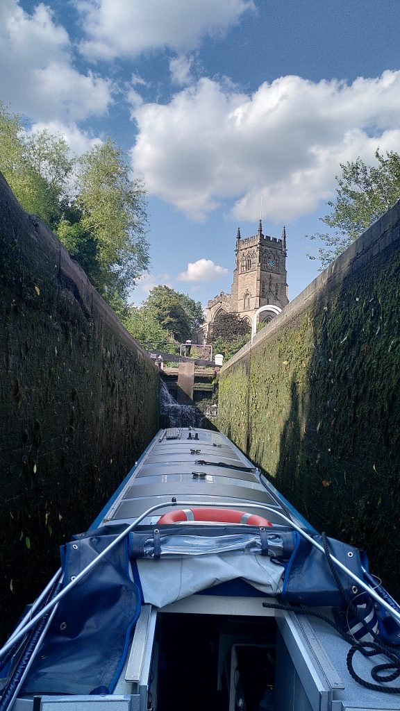 Church viewed from the bootom of a lock