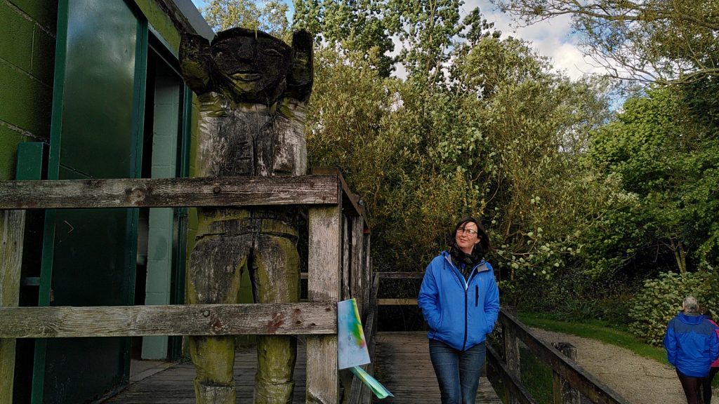 Clare and Sculpture at Hide Entrance