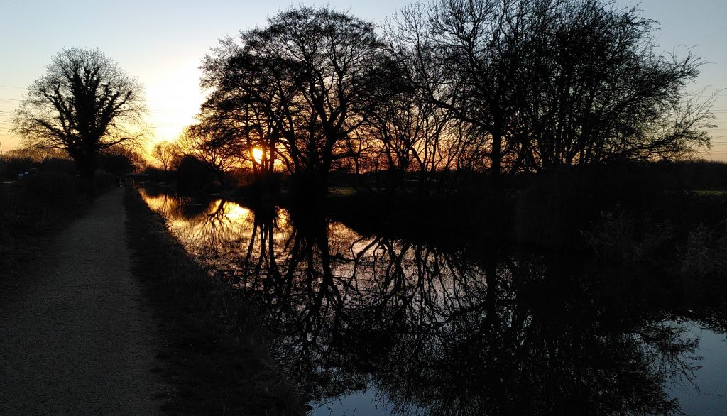 Sun Behind Trees Over Canal