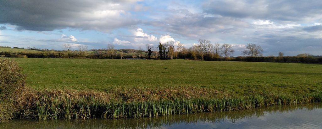 View of a field across a canal.  A line of trees beyond the field marks the line of the canal. Just visible is the top of a narrowboat in front of the trees.