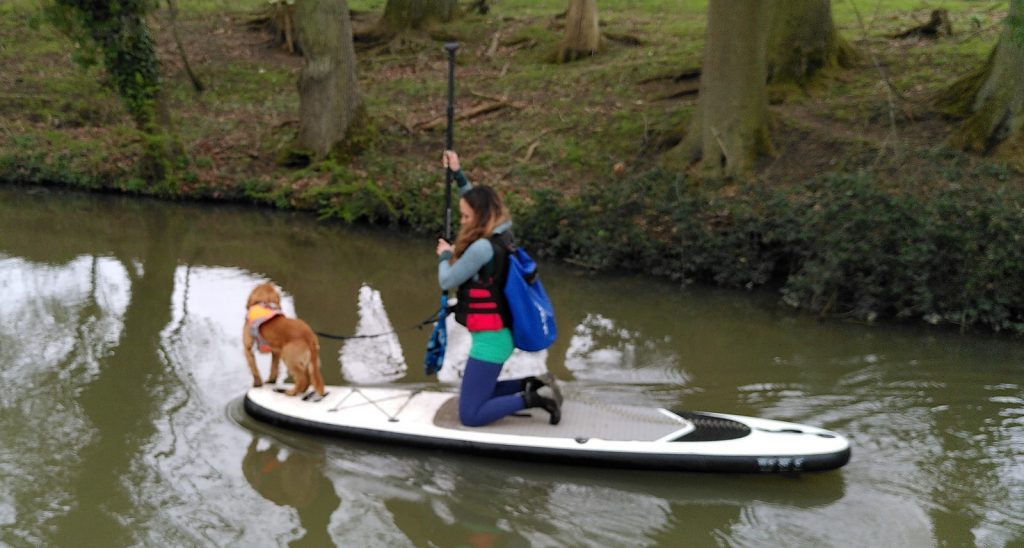 A paddle boarder kneels on her board in the canal.  At the front of her board a dog is standing, looking ahead.