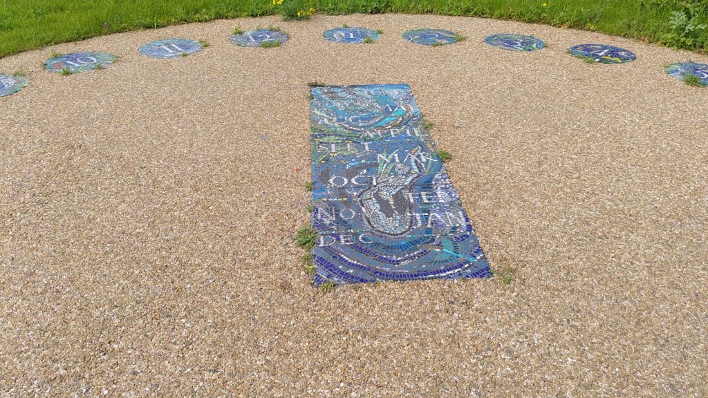 Human sun dial.  A rectangular panel with the names of months points towards an arc of patches numbered with hours.
