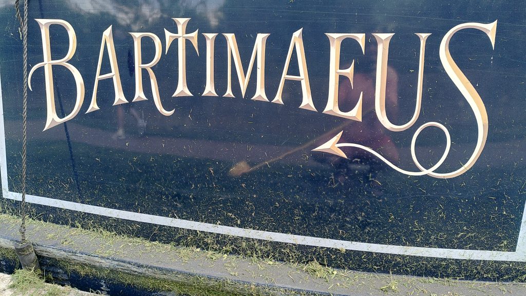The name on the side of the narrowboat Bartimaeus with grass clippings sprayed over the lower half and covering the gunwale and the surface below.