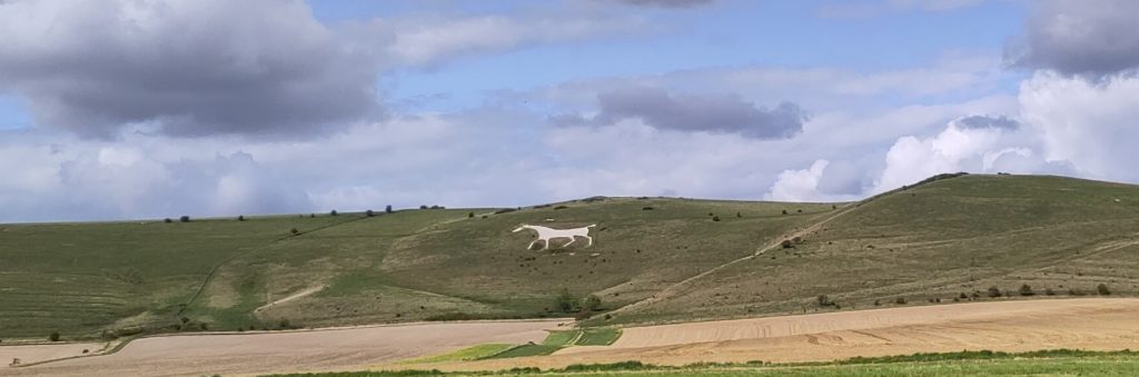 A white horse carved in to a hillside.  The hill is a long ridge with blue sky above. 