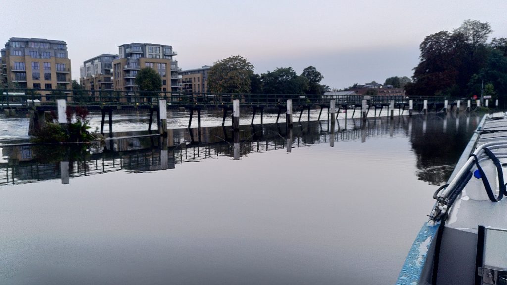 View of Teddington Weir from Bartimaeus.  The tide has come in so the water on the other side of the weir is hardly any lower than this side.