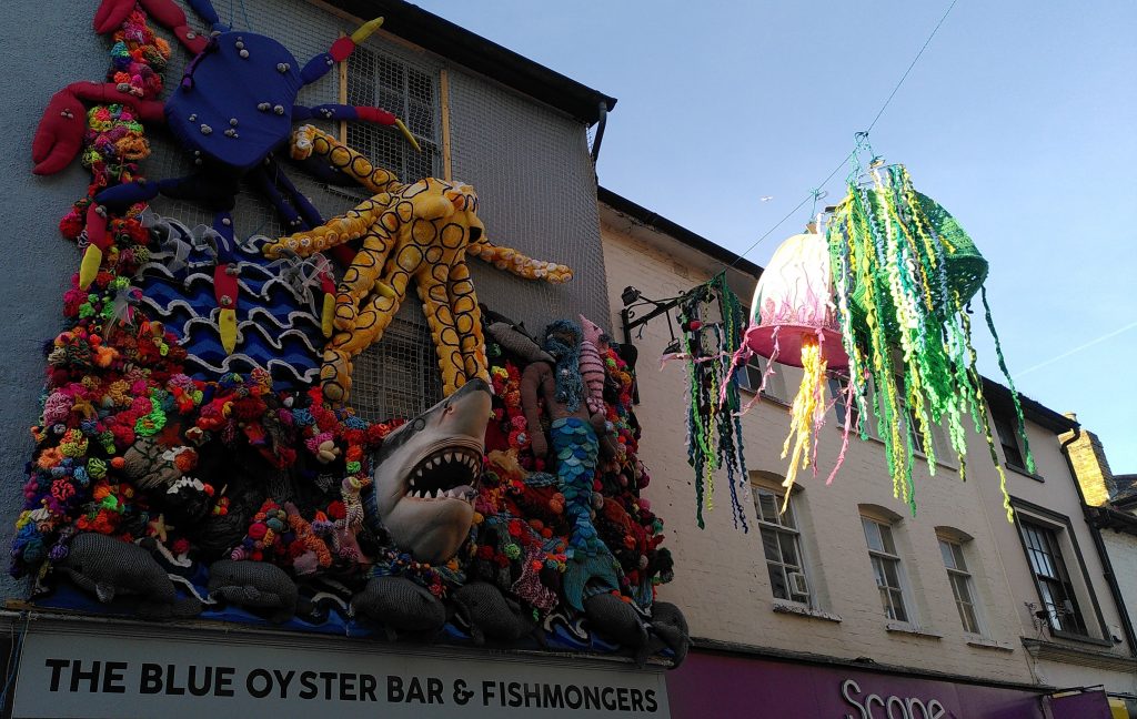 The Blue Oyster Bar and Fishmongers.  The sign above this shop is dwarfed by a display of sea life fixed to the building.  An open-mouthed shark and a giant octopus are very prominent.  Hanging over the street from a line are two enormous jelly fish.