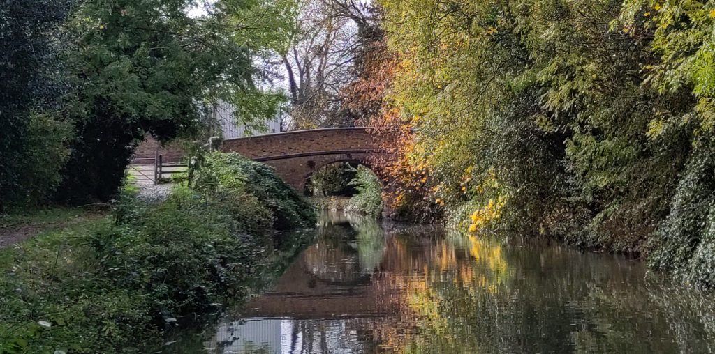 Brick arch bridge on the Welford Arm.  The parapets of the bridge on either side are partly occluded by vegetation.  On one side the leaves in the trees shade from green through yellow to orange. The still waters of the canal reflect the scene above.