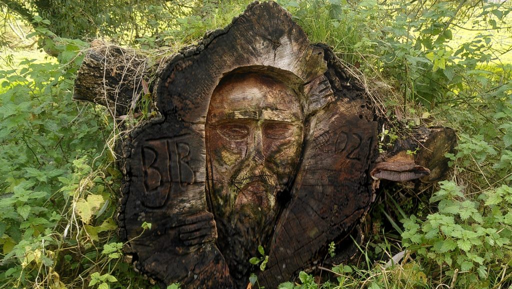 Face carved in to a tree trunk. The base of the trunk of a fallen tree has had a demonic face carved in to it. It has been signed BJB 2021.