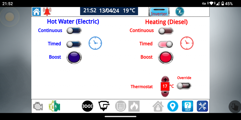 Control Panel.  A screenshot of the heating and hot water controls.  The controls are in two columns, each with settings for Continuous Timed and Boost.