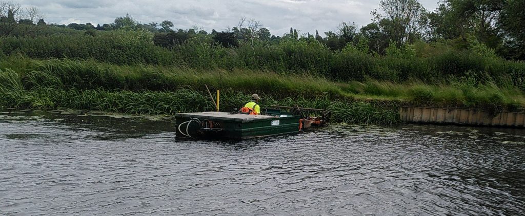 Reed cutting.  A small specialised boat occupied by a single worker is facing the bank of the river.  Cutters on the front of the machine are used to cut riverside vegetation.