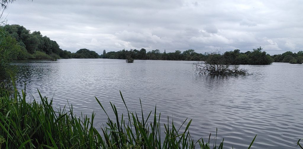 Attenborough Nature Reserve.  A large lake is fringed with greenery.  The sky is filled with grey clouds.  A church spire pokes above the trees on the far side of the lake.
