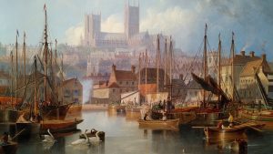 Brayford Pool. A painting of the view towards Lincoln Cathedral from Brayford Pool. The boats in the harbour are from a bygone era, but the swans and the cathedral look just the same as they do today.